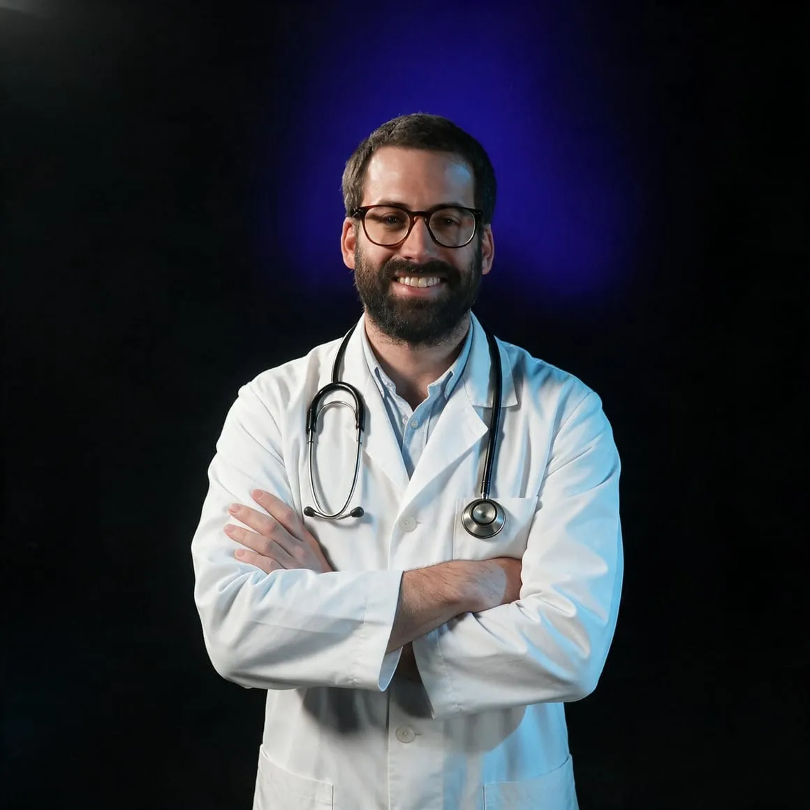 El Dr. Pablo Antúnez, cardiólogo y director médico de CardioTrain, sonriendo con bata y fonendoscopio